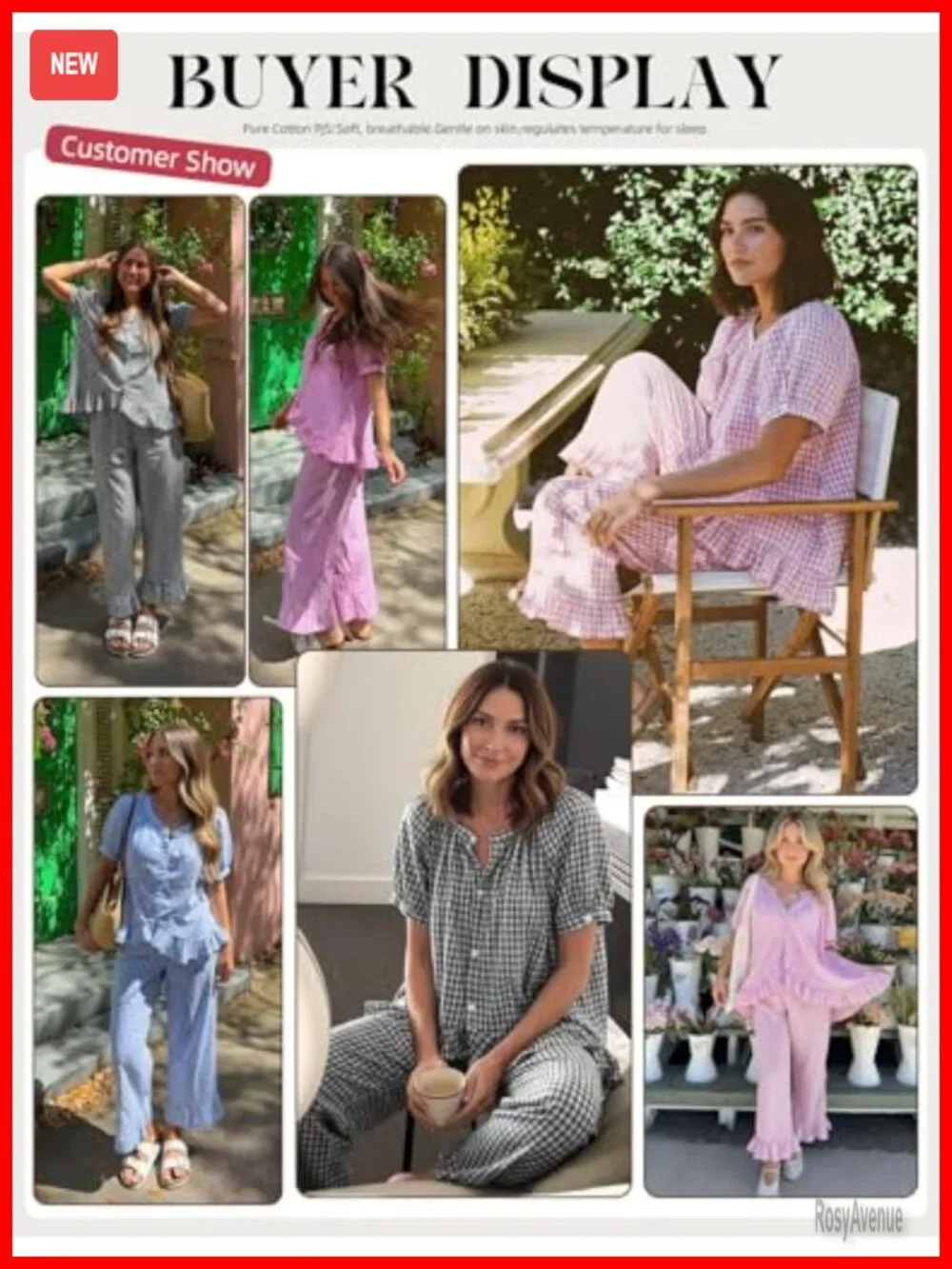 Women's Cotton Gingham Pajama Set 2 Piece Button Down Puff Sleeve Pants Lounge